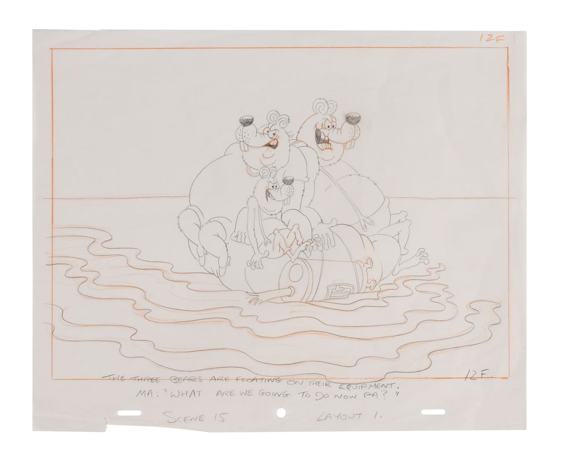 BEANO VIDEO, THE (1993) - Ma, Pa, and Teddy Original Camera Layout Drawing: BEANO VIDEO, THE (1993) - Ma, Pa, and Teddy Original Camera Layout Drawing - The Three Bears, animated here for the very first time in the strip's long Beano history, caught at the exact moment Ma tur