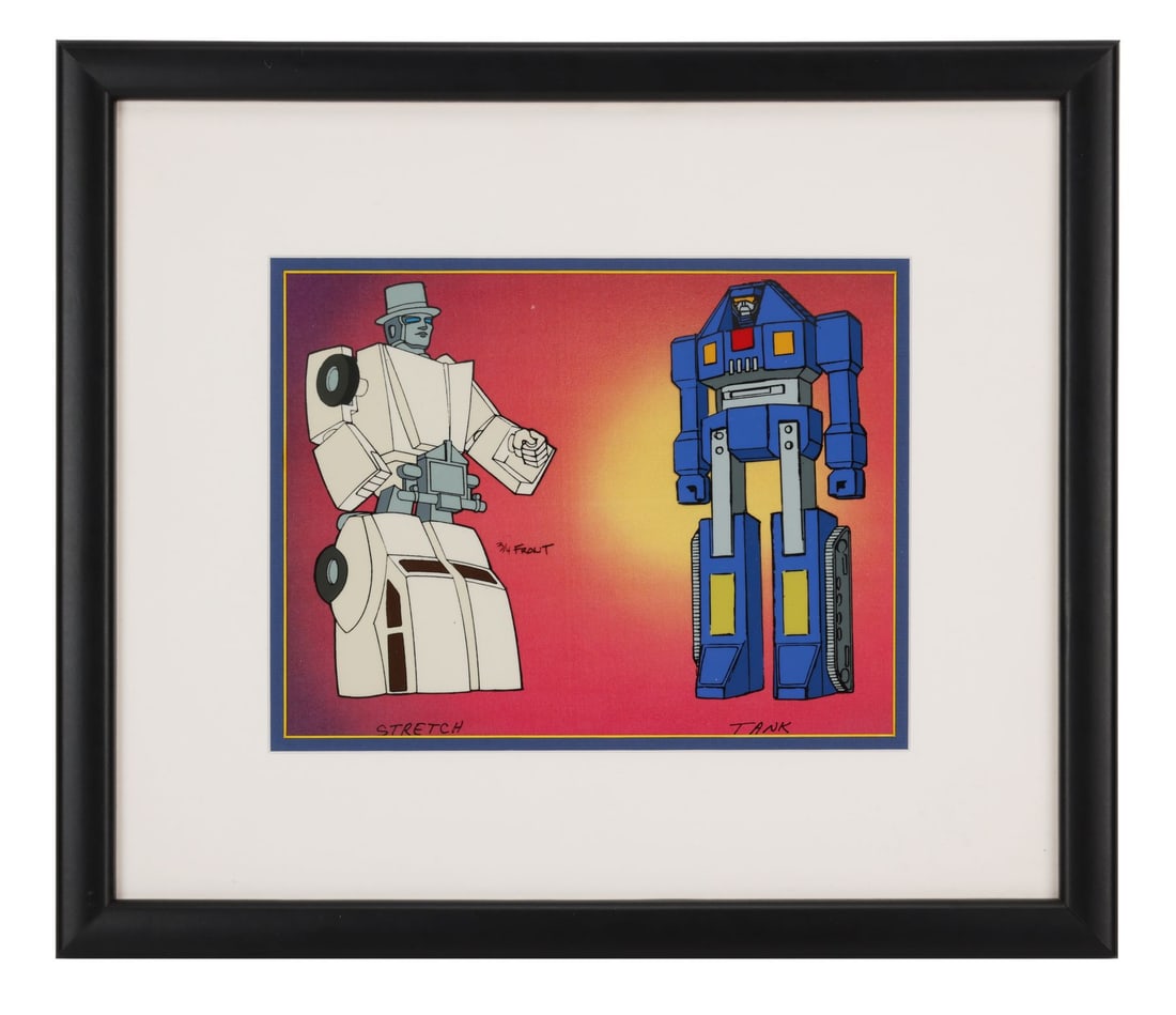 CHALLENGE OF THE GOBOTS (TV SERIES, 1984-1985) - Stretch and Tank Hand-Painted Model Cel Framed: CHALLENGE OF THE GOBOTS (TV SERIES, 1984-1985) - Stretch and Tank Hand-Painted Model Cel Framed - Two Renegades share one model sheet here, and that pairing alone tells you something about how Hanna-B