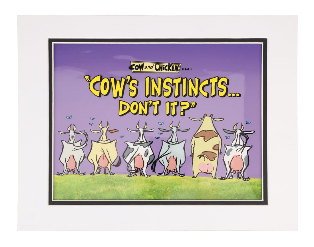 COW AND CHICKEN (TV SERIES, 1997-1999) - Original Hand-Painted Title Card Original Production Cel: COW AND CHICKEN (TV SERIES, 1997-1999) - Original Hand-Painted Title Card Original Production Cel from "Cow's Instincts - The title card for "Cow's Instincts... Don't It?" is one of the more gloriousl