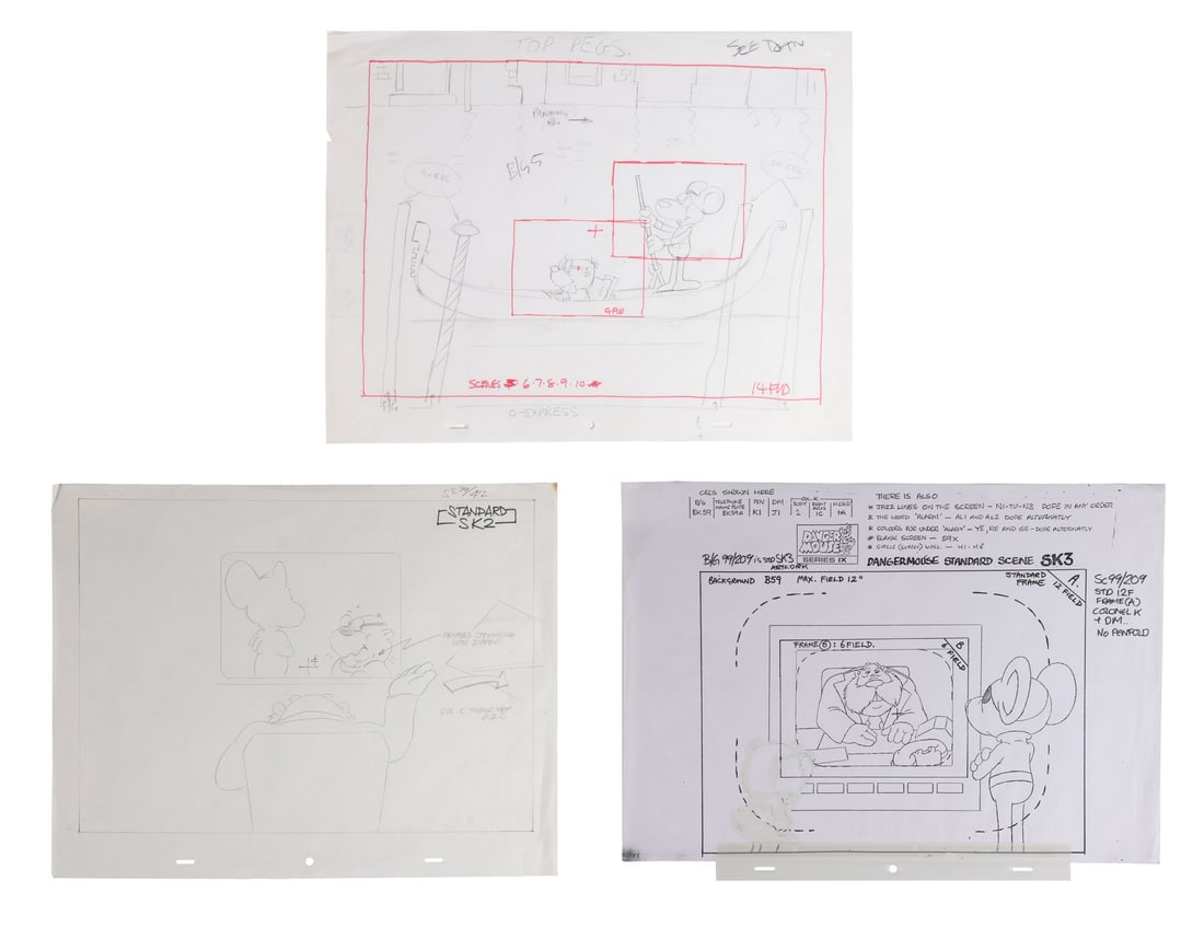 DANGER MOUSE (TV SERIES, 1981-1992) - Dangermouse, Penfold and Colonel K Set of Three Original: DANGER MOUSE (TV SERIES, 1981-1992) - Dangermouse, Penfold and Colonel K Set of Three Original Camera Layout Drawings - Three pieces of original camera layout and standard scene artwork from Danger Mo
