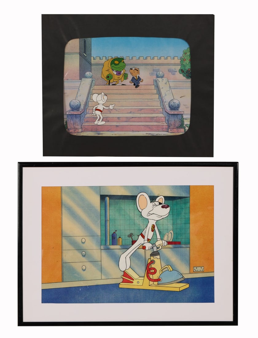 DANGER MOUSE (TV SERIES, 1981-1992) - Dangermouse, Penfold and Baron Silas Greenback and Dangermouse: DANGER MOUSE (TV SERIES, 1981-1992) - Dangermouse, Penfold and Baron Silas Greenback and Dangermouse Training, a Pair of Two Original Production Cel on Printed Presentation Background Setups - Two ori