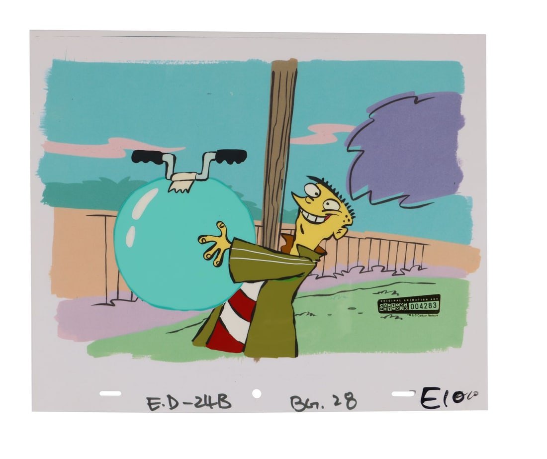 ED, EDD N EDDY (TV SERIES, 1999-2008) - Ed and the Cluck Ball Original Production Cel from "Cry Ed": ED, EDD N EDDY (TV SERIES, 1999-2008) - Ed and the Cluck Ball Original Production Cel from "Cry Ed" on Printed Presentation Background - Here is Ed clutching the Bouncy Bubble, the oversized rideable 