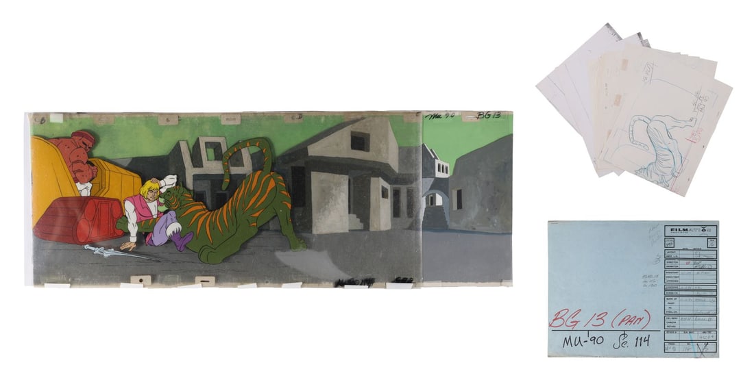 HE-MAN AND THE MASTERS OF THE UNIVERSE (TV SERIES, 1983-1985) - Original Production Pan Cels: HE-MAN AND THE MASTERS OF THE UNIVERSE (TV SERIES, 1983-1985) - Original Production Pan Cels Featuring Prince Adam and Cringer on Key Master Pan Production Background, with Original Camera Layout Draw
