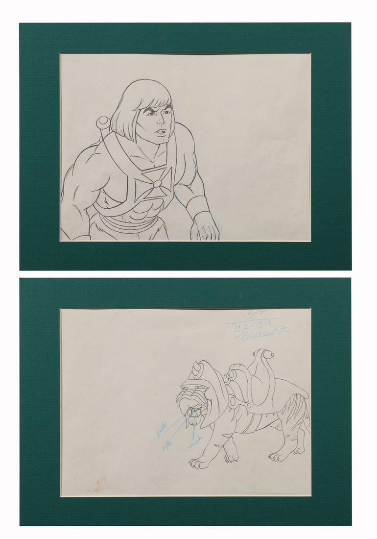 HE-MAN AND THE MASTERS OF THE UNIVERSE (TV SERIES, 1983-1985) - Set of Two Original Production: HE-MAN AND THE MASTERS OF THE UNIVERSE (TV SERIES, 1983-1985) - Set of Two Original Production Drawings Featuring He-Man and Battle Cat - A superb pair of original production drawings of He-Man and Ba