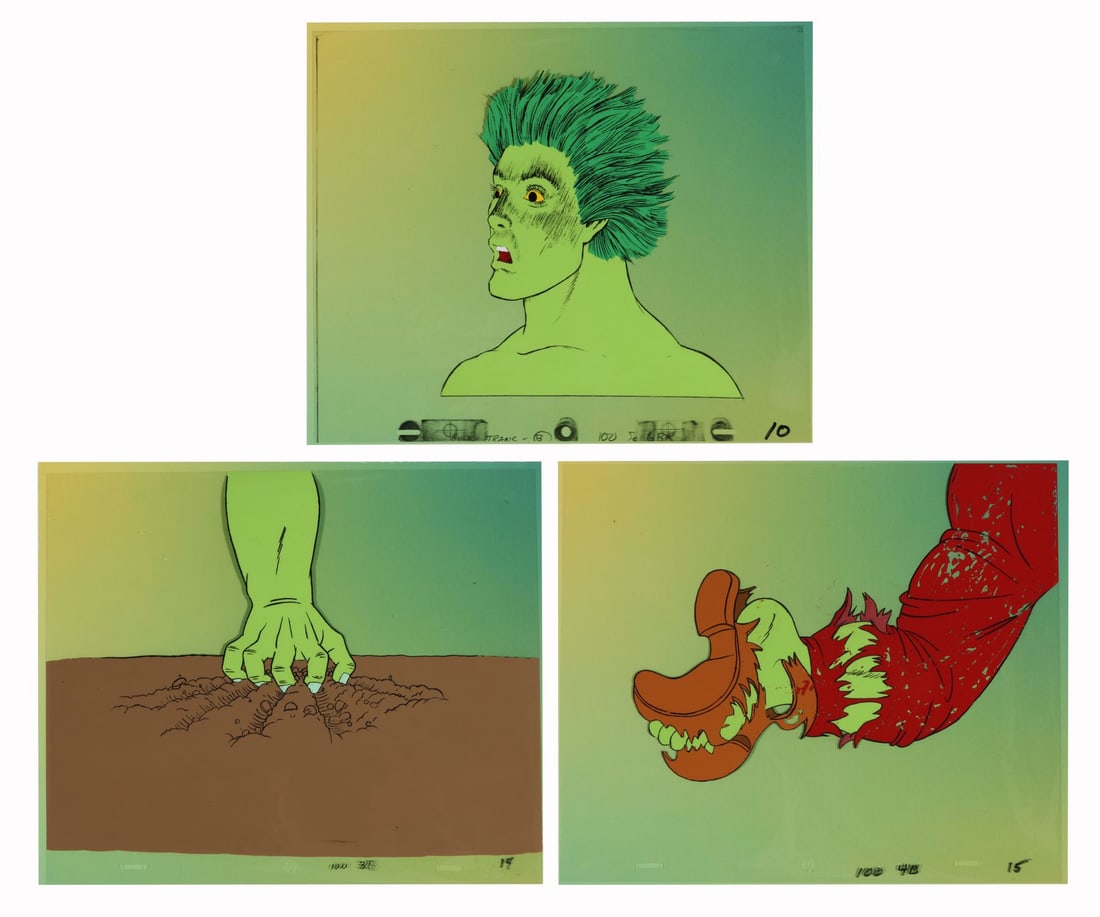 INCREDIBLE HULK, THE (TV SERIES, 1982-1983) - Set of Three Original Production Cels Featuring Bruce: INCREDIBLE HULK, THE (TV SERIES, 1982-1983) - Set of Three Original Production Cels Featuring Bruce Banner Transforming on Printed Presentation Background - Every kid who sat down to the 1982 Incredib