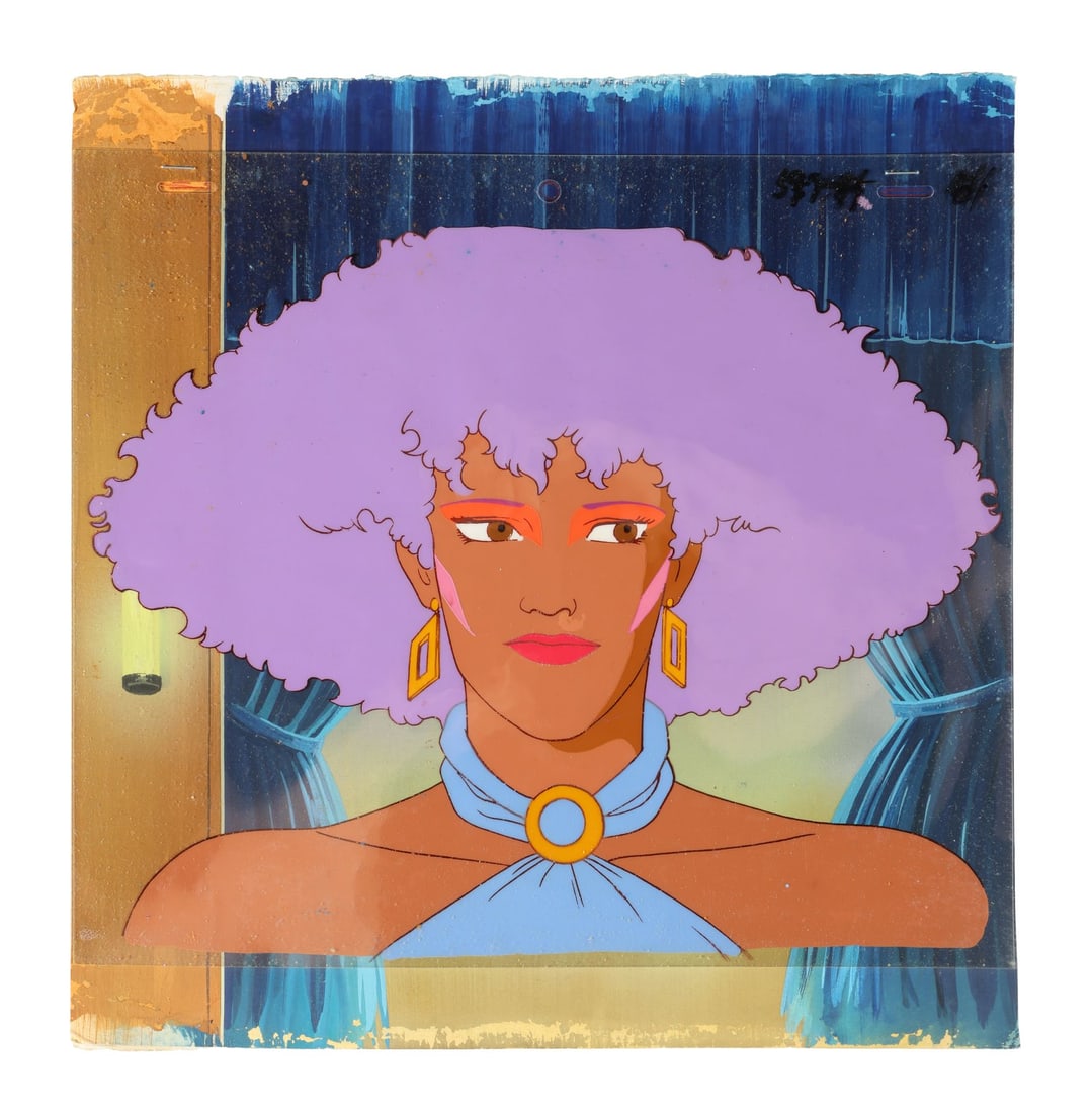 JEM (TV SERIES, 1985-1988) - Shana Original Production Cel on Hand-Painted Master Production: JEM (TV SERIES, 1985-1988) - Shana Original Production Cel on Hand-Painted Master Production Background - Shana Elmsford holds the frame here in a full portrait, drawn for one of the music-video seque