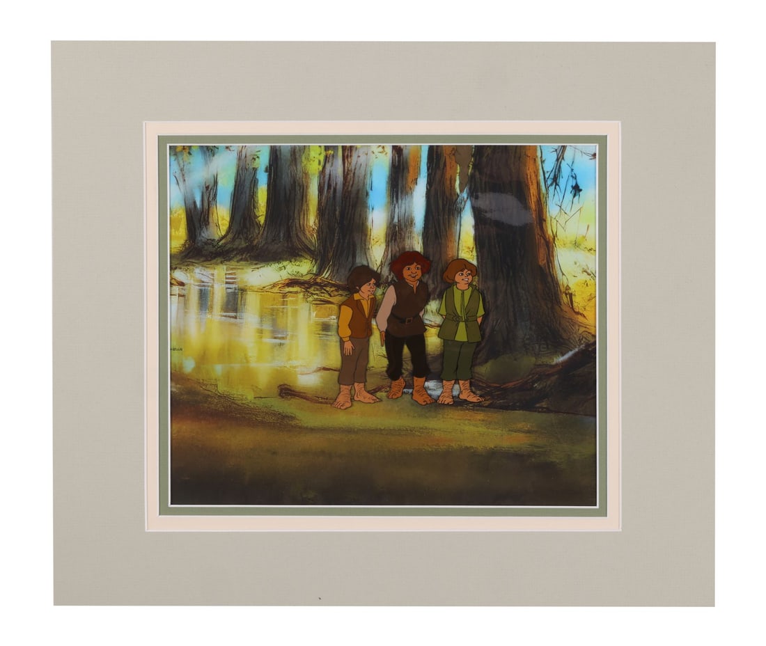 LORD OF THE RINGS, THE (1978) - Pippin, Frodo and Merrie Original Production Cels on Fine Art: LORD OF THE RINGS, THE (1978) - Pippin, Frodo and Merrie Original Production Cels on Fine Art Giclée Background Matted - Frodo, Pippin, and Merry together, barefoot and at ease, the warmth between th