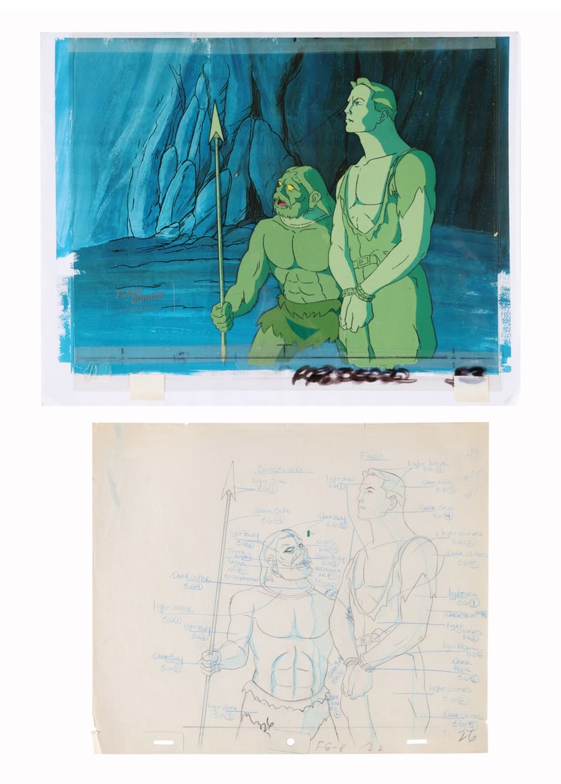 FLASH GORDON: THE GREATEST ADVENTURE OF ALL (1982) - Flash Gordon and the Beastman Original: FLASH GORDON: THE GREATEST ADVENTURE OF ALL (1982) - Flash Gordon and the Beastman Original Production Cel on Printed Presentation Background and Paired Drawing - Flash Gordon and the Beastman stand t