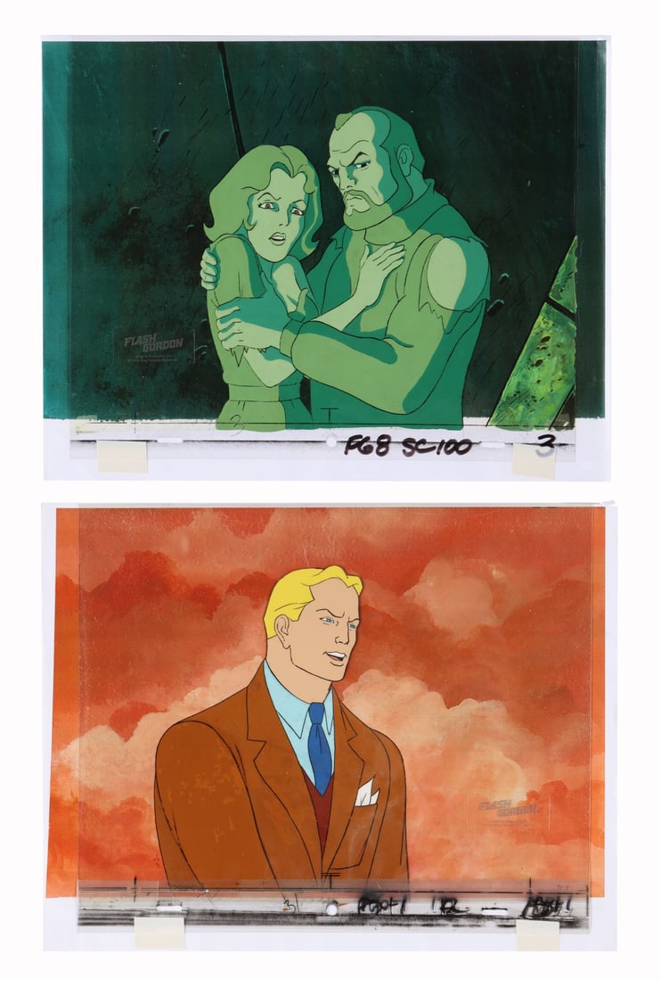 FLASH GORDON: THE GREATEST ADVENTURE OF ALL (1982) - Set of Two Original Production Cels Featuring: FLASH GORDON: THE GREATEST ADVENTURE OF ALL (1982) - Set of Two Original Production Cels Featuring Dale Arden, Hans Zarkov and Flash Gordon on Printed Presentation Backgrounds - A pair of wonderfully 