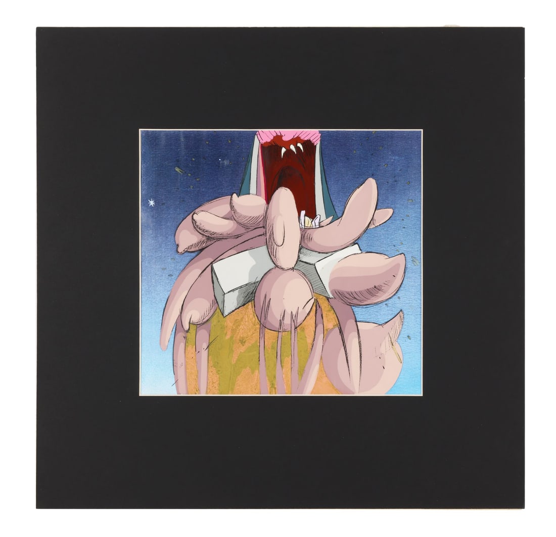 PINK FLOYD: THE WALL (1982) - The Judge Defaecating Original Production Cel on Printed Presentation: PINK FLOYD: THE WALL (1982) - The Judge Defaecating Original Production Cel on Printed Presentation Background Matted - The Judge delivering his verdict in "The Trial", the surreal, grotesque climax o