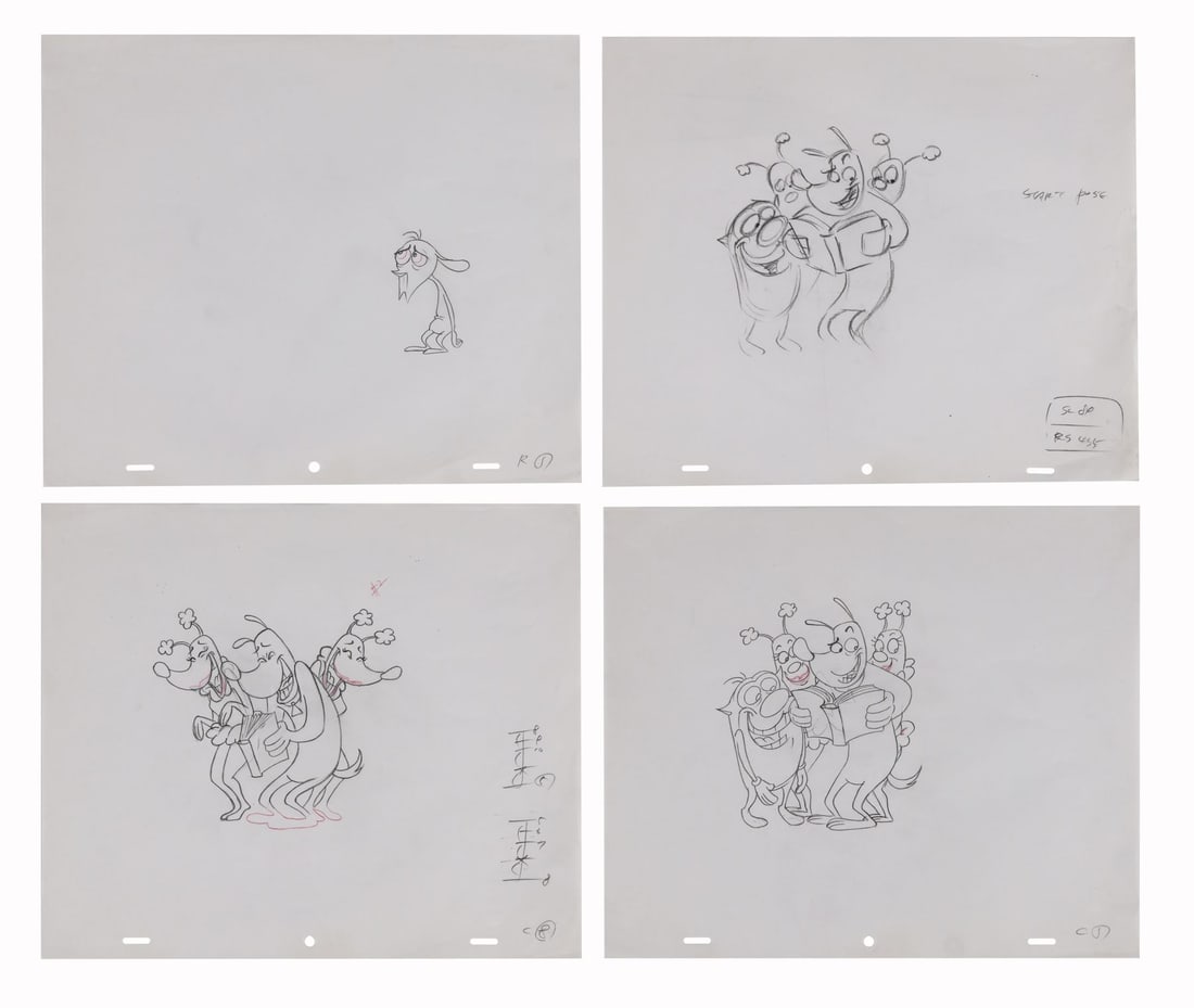 REN AND STIMPY (TV SERIES, 1991-1996) - Ren and Stimpy Set of 4 Original Production Drawings: REN AND STIMPY (TV SERIES, 1991-1996) - Ren and Stimpy Set of 4 Original Production Drawings - A brilliant set of four expressive drawings from the "Flyspeck" sequence in the 1995 episode "School Mate