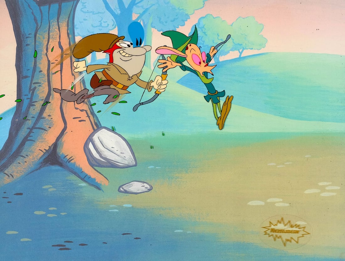 REN AND STIMPY (TV SERIES, 1991-1996) - Ren and Stimpy Original Production Cel from "Robin H?ek" on: REN AND STIMPY (TV SERIES, 1991-1996) - Ren and Stimpy Original Production Cel from "Robin H?ek" on Printed Presentation Background - A remarkable original production cel of Ren and Stimpy from "Robin