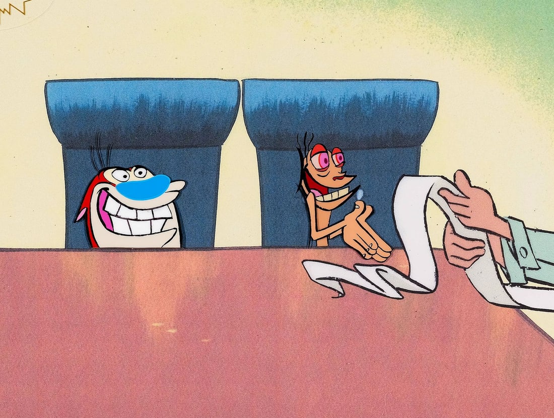 REN AND STIMPY (TV SERIES, 1991-1996) - Ren and Stimpy Original Production Cel on Studio Printed: REN AND STIMPY (TV SERIES, 1991-1996) - Ren and Stimpy Original Production Cel on Studio Printed Lithographic Background - Ren and Stimpy seated at a boardroom table is the sort of setup that immediat