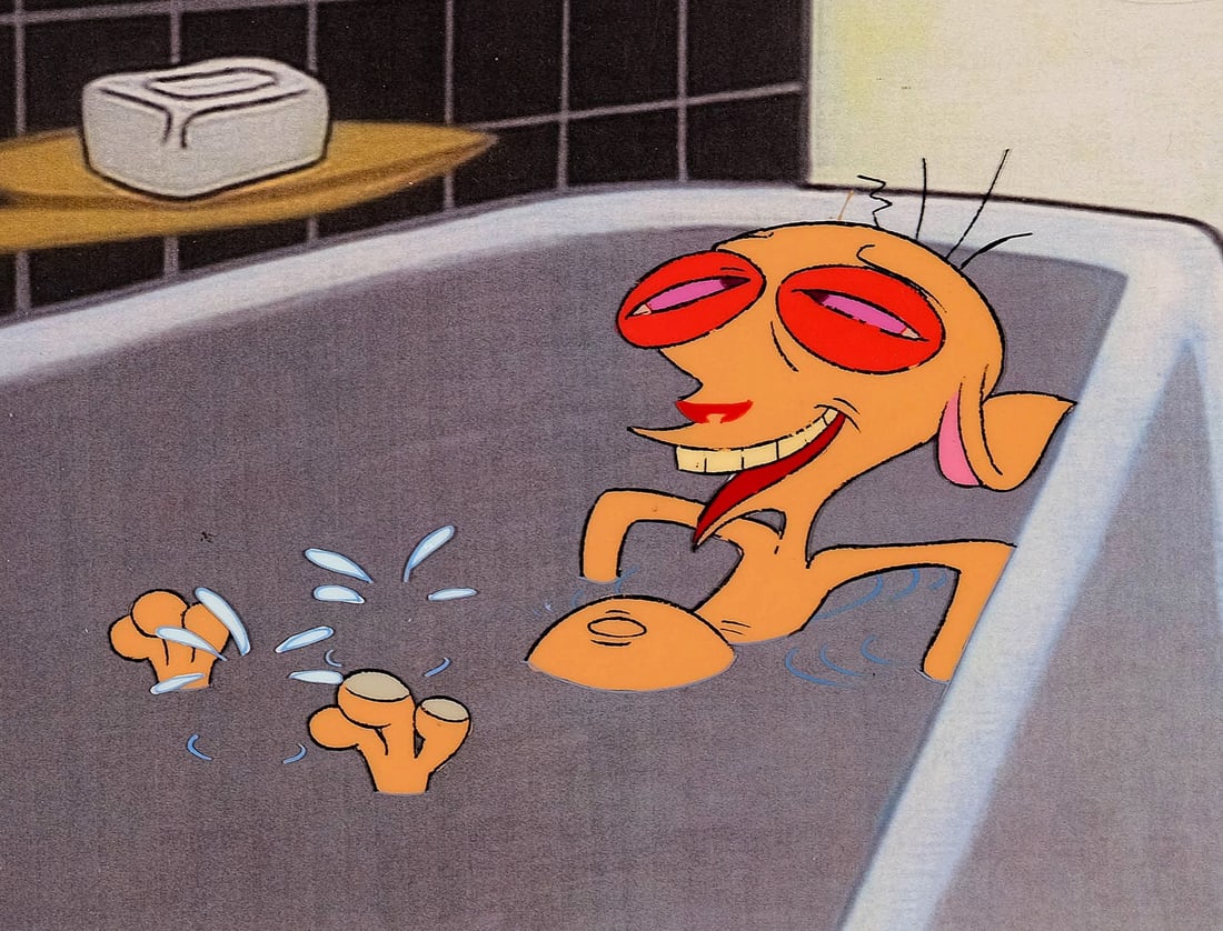 REN AND STIMPY (TV SERIES, 1991-1996) - Ren in the Bath Tub Original Production Cel on Studio: REN AND STIMPY (TV SERIES, 1991-1996) - Ren in the Bath Tub Original Production Cel on Studio Printed Lithographic Background - A superb original production cel of Ren Höek, the scrawny, short-temper