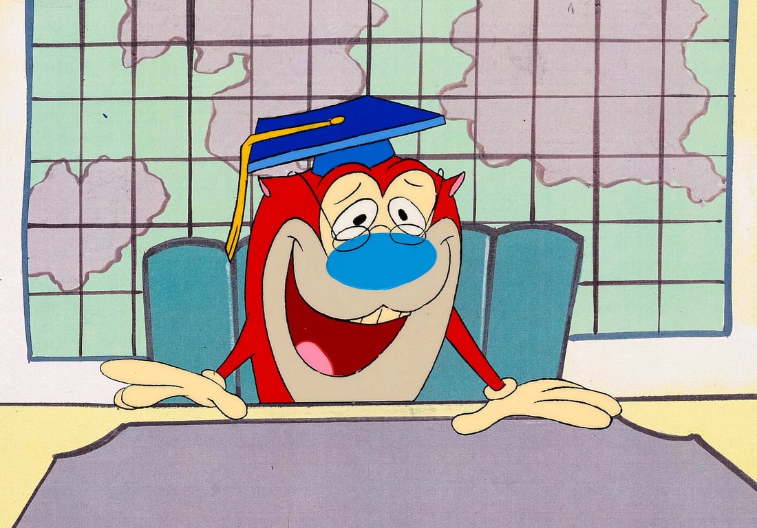 REN AND STIMPY (TV SERIES, 1991-1996) - Stimpy as Dr Stupid Original Production Cel on Studio: REN AND STIMPY (TV SERIES, 1991-1996) - Stimpy as Dr Stupid Original Production Cel on Studio Printed Lithographic Background - A fantastic original production cel of Stimpy in his guise as Dr. Stupid