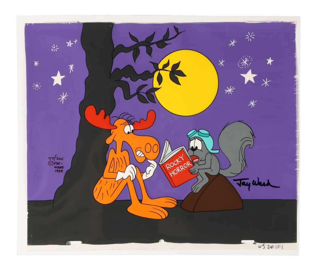 ROCKY AND BULLWINKLE - Rocky Horror Hand-Painted Limited Edition No. 77/300 Signed by Jay Ward: ROCKY AND BULLWINKLE - Rocky Horror Hand-Painted Limited Edition No. 77/300 Signed by Jay Ward - Bullwinkle the moose sits cross-legged under a full moon while Rocky, perched on a rock beside him, hol