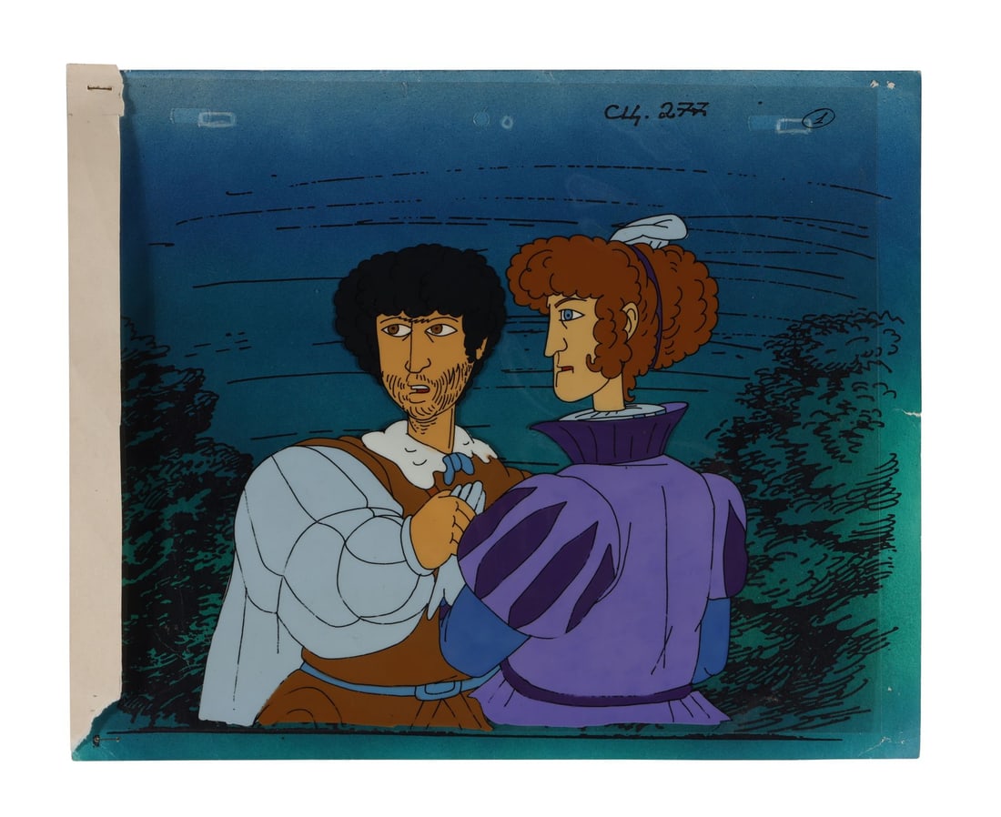 SHAKESPEARE: THE ANIMATED TALES (TV SERIES, 1992-1994) - Lysander and Helena Original Production Cel: SHAKESPEARE: THE ANIMATED TALES (TV SERIES, 1992-1994) - Lysander and Helena Original Production Cel on Key Master Production Background from "Midsummer's Night Dream" - Lysander seizes Helena's hand 