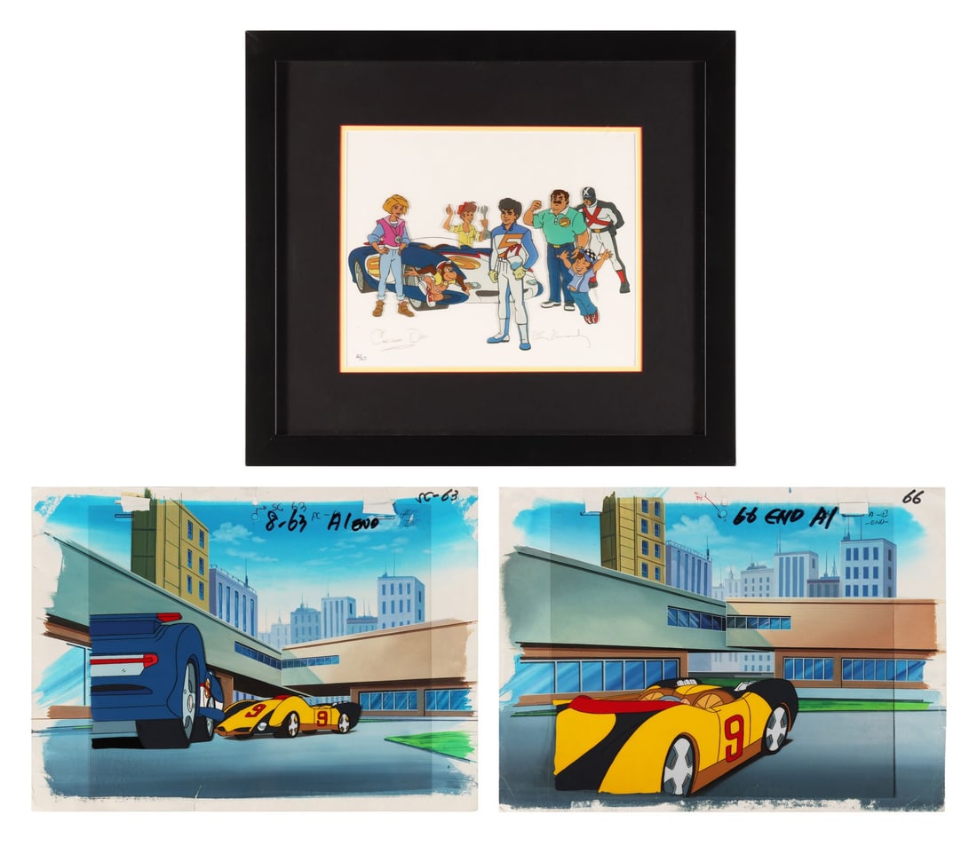 SPEED RACER (1967) - Speed Racer! Limited Edition Sericel Framed Signed by Peter Fernandez and: SPEED RACER (1967) - Speed Racer! Limited Edition Sericel Framed Signed by Peter Fernandez and Corinne Orr and Set of 2 Original Production Cels on Key Master Production Backgrounds - The whole gang s