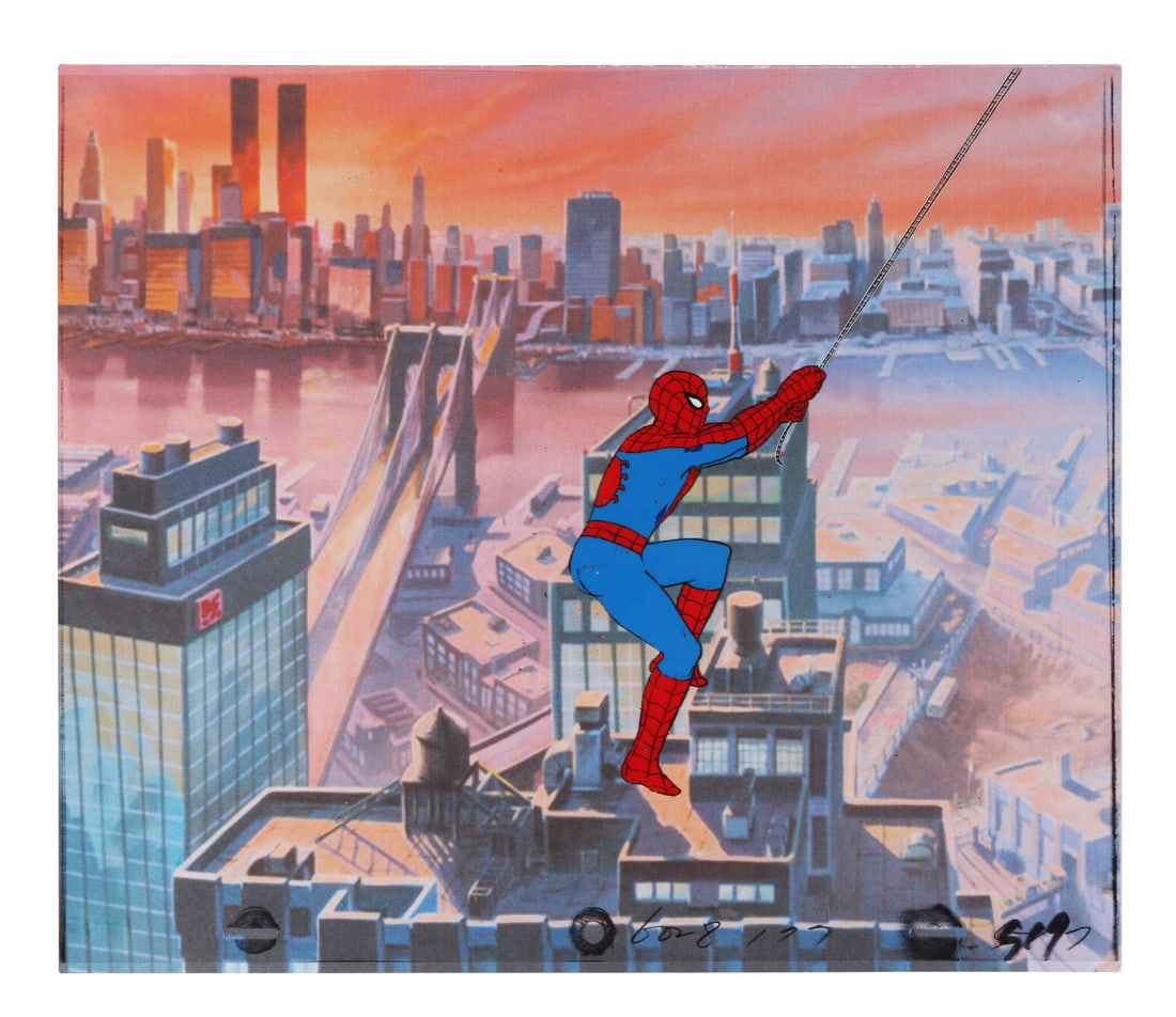 SPIDER-MAN (TV SERIES, 1981-1982) - Spider-Man Original Production Cel on Printed Presentation: SPIDER-MAN (TV SERIES, 1981-1982) - Spider-Man Original Production Cel on Printed Presentation Background - Spider-Man swings across the frame here, mid-arc on a line of web, from the 1967 series that