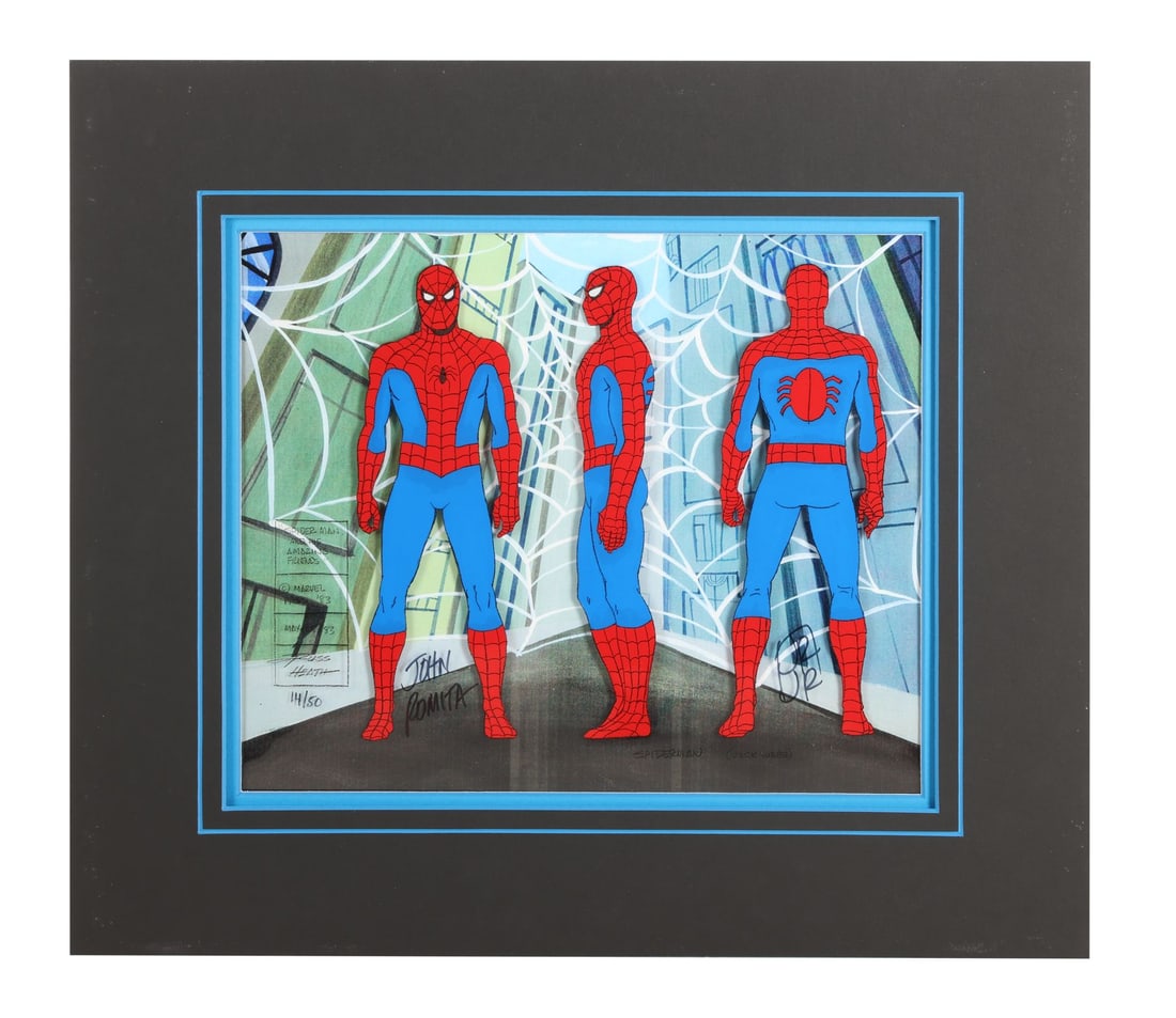 SPIDER-MAN AND HIS AMAZING FRIENDS (TV SERIES, 1981-1983) - Spider-Man Model sheet 14/50 Signed by: SPIDER-MAN AND HIS AMAZING FRIENDS (TV SERIES, 1981-1983) - Spider-Man Model sheet 14/50 Signed by John Romita and John Romita Junior - Three full turnarounds of Spider-Man stand across this large mod