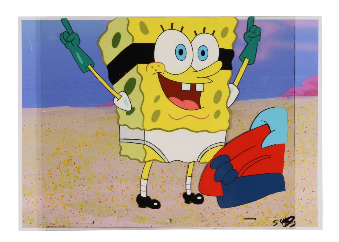 SPONGEBOB SQUAREPANTS (TV SERIES, 1999 - PRESENT) - SpongeBob as Barnacle Boy Original Production: SPONGEBOB SQUAREPANTS (TV SERIES, 1999 - PRESENT) - SpongeBob as Barnacle Boy Original Production Cels from "Mermaid Man and Barnacle Boy II" on Fine Art Giclée Background - SpongeBob throws both arm