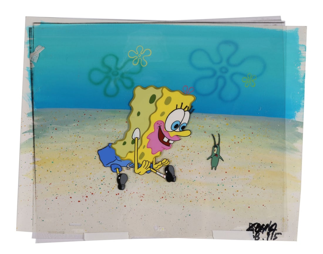SPONGEBOB SQUAREPANTS (TV SERIES, 1999 - PRESENT) - SpongeBob and plankton Original Production Cels: SPONGEBOB SQUAREPANTS (TV SERIES, 1999 - PRESENT) - SpongeBob and plankton Original Production Cels from "Walking Small" on Hand-Painted Master Production Background - SpongeBob sits on the seabed of 