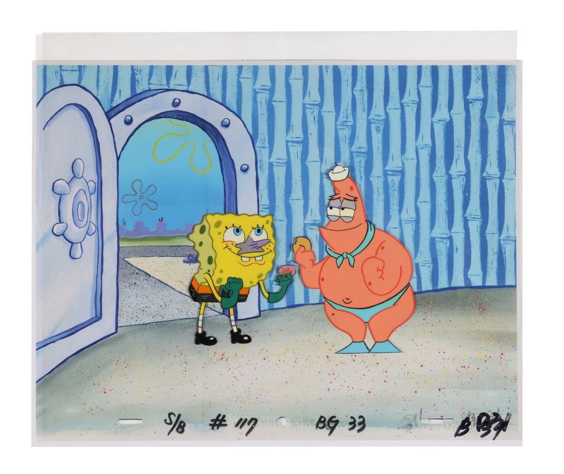 SPONGEBOB SQUAREPANTS (TV SERIES, 1999 - PRESENT) - SpongeBob and Patrick Original Production Cels: SPONGEBOB SQUAREPANTS (TV SERIES, 1999 - PRESENT) - SpongeBob and Patrick Original Production Cels from "Mermaid Man and Barnacle Boy" on Fine Art Giclée Background - SpongeBob and Patrick are playin