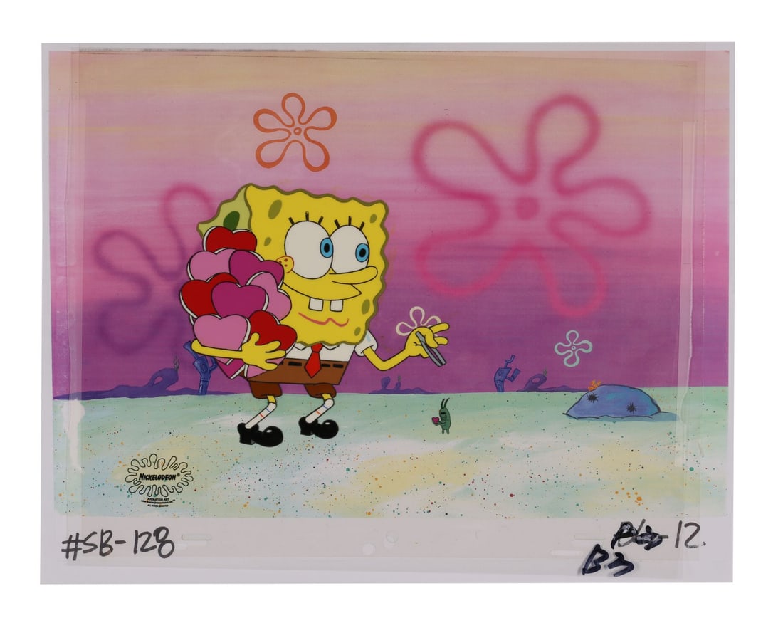 SPONGEBOB SQUAREPANTS (TV SERIES, 1999 - PRESENT) - SpongeBob, Tweeters Original Production Cel from: SPONGEBOB SQUAREPANTS (TV SERIES, 1999 - PRESENT) - SpongeBob, Tweeters Original Production Cel from "Season 1 Episode 16" on Printed Presentation Background - SpongeBob bounces across Bikini Bottom w