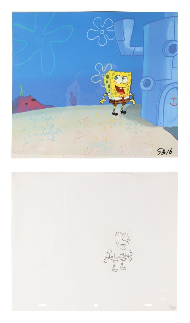 SPONGEBOB SQUAREPANTS (TV SERIES, 1999 - PRESENT) - SpongeBob SquarePants Original Production Cel on: SPONGEBOB SQUAREPANTS (TV SERIES, 1999 - PRESENT) - SpongeBob SquarePants Original Production Cel on Printed Presentation Background and Production Drawing - SpongeBob bounces in his front yard in the