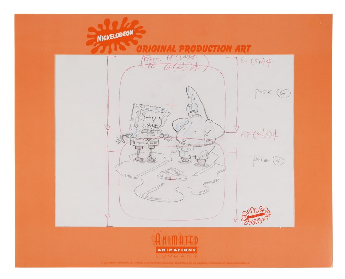 SPONGEBOB SQUAREPANTS (TV SERIES, 1999 - PRESENT) - SpongeBob SquarePants and Patrick Starr Original: SPONGEBOB SQUAREPANTS (TV SERIES, 1999 - PRESENT) - SpongeBob SquarePants and Patrick Starr Original Camera Layout Drawing on Printed Presentation Background - SpongeBob and Patrick stand stranded tog