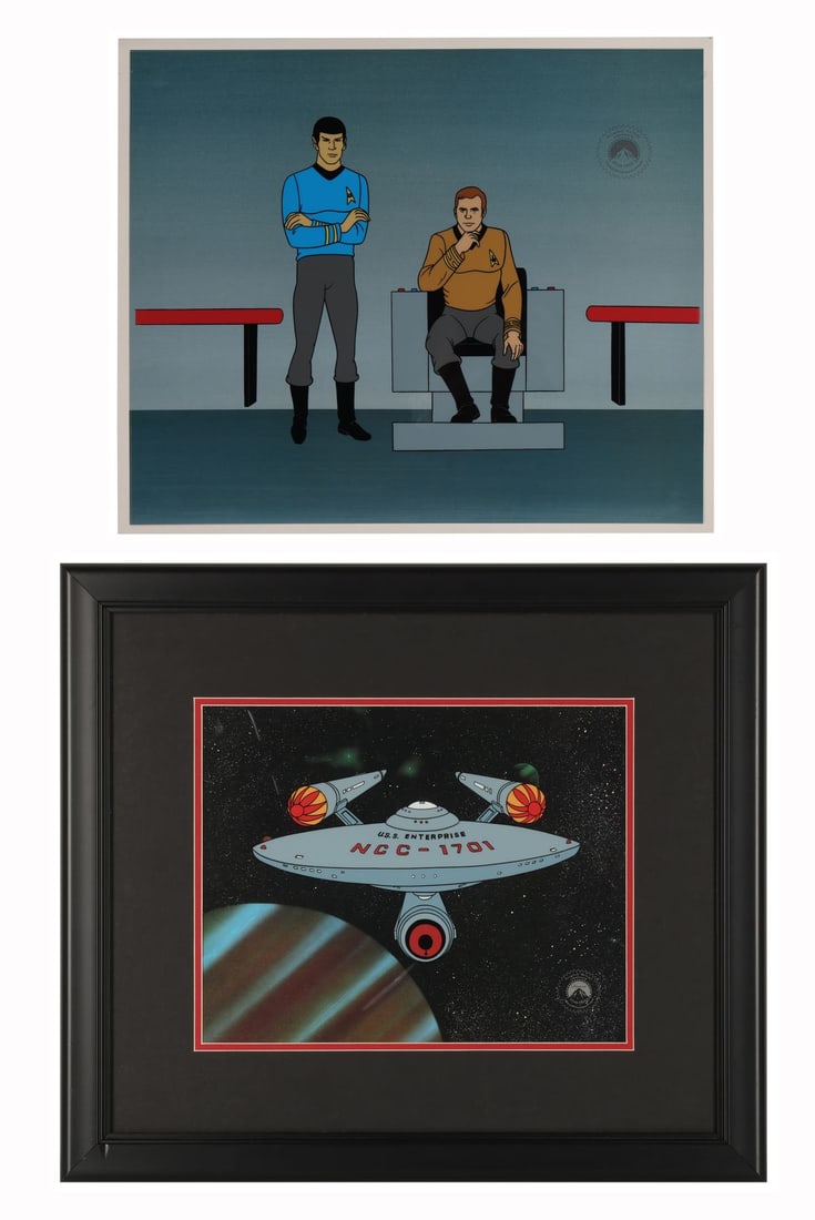 STAR TREK: THE ANIMATED SERIES (TV SERIES, 1973-1974) - USS Enterprise and Kirk and Spock on Bridge: STAR TREK: THE ANIMATED SERIES (TV SERIES, 1973-1974) - USS Enterprise and Kirk and Spock on Bridge Pair of Two Limited Edition Sericels - Kirk and Spock together on the bridge, the captain settled in