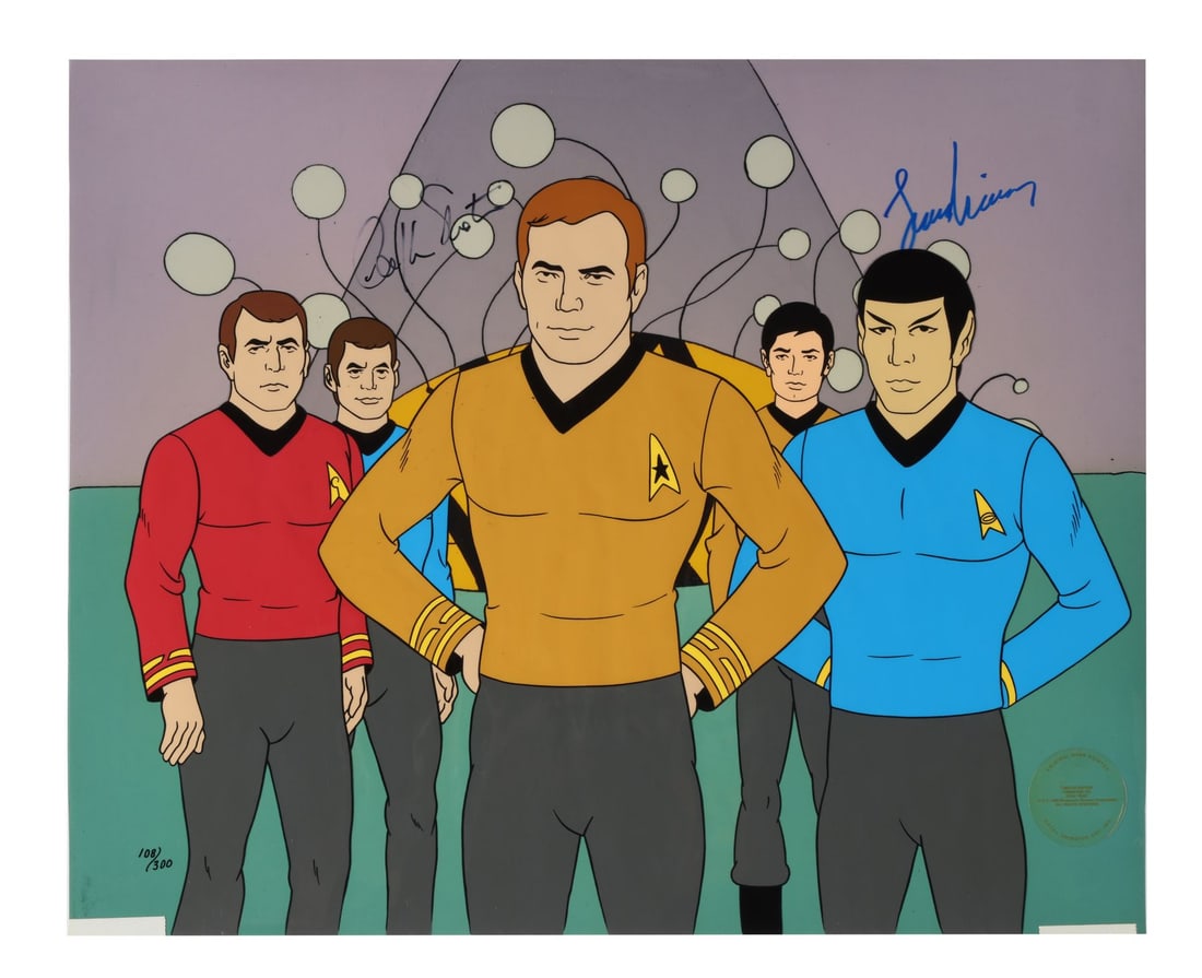 STAR TREK: THE ANIMATED SERIES (TV SERIES, 1973-1974) - Star Trek Crew Hand-Painted Limited Edition: STAR TREK: THE ANIMATED SERIES (TV SERIES, 1973-1974) - Star Trek Crew Hand-Painted Limited Edition No. 108/300 on Studio Printed Lithographic Background Signed by Leonard Nimoy and William Shatner - 