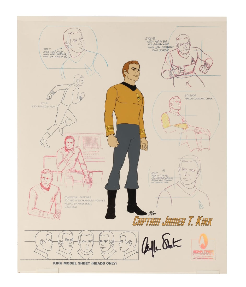 STAR TREK: THE ANIMATED SERIES (TV SERIES, 1973-1974) - Captain James T. Kirk Model Sheet: STAR TREK: THE ANIMATED SERIES (TV SERIES, 1973-1974) - Captain James T. Kirk Model Sheet Hand-Painted Limited Edition No - Captain James T. Kirk stands at centre in full Filmation finish, the gold co