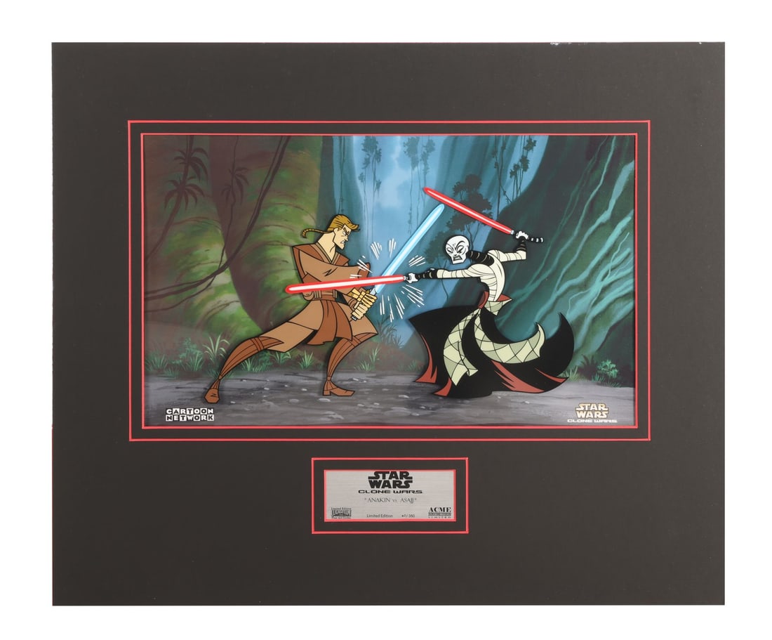 STAR WARS: CLONE WARS (2003-2005) - Anakin vs Asajj Hand-Painted Limited Edition No. 60/350 on: STAR WARS: CLONE WARS (2003-2005) - Anakin vs Asajj Hand-Painted Limited Edition No. 60/350 on Studio Printed Lithographic Background - Anakin Skywalker and Asajj Ventress lock blades in the jungle, l