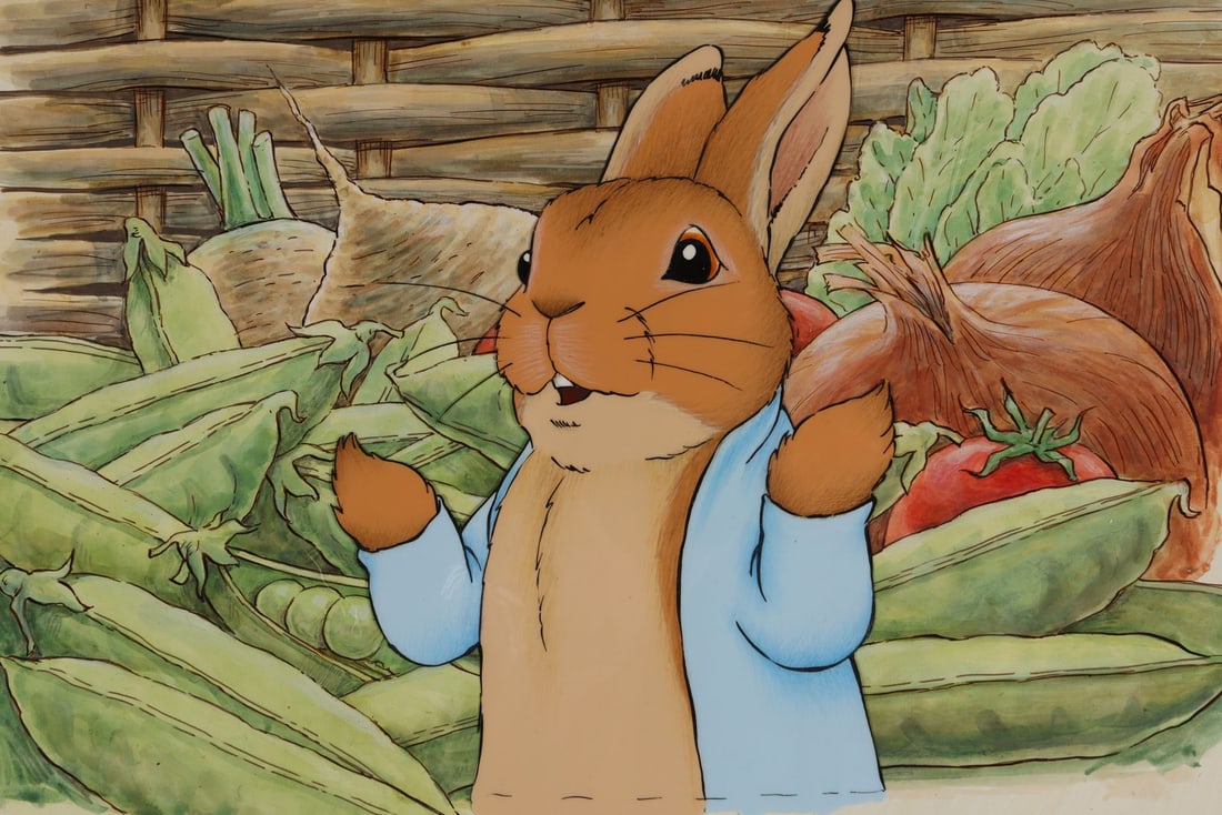 WORLD OF PETER RABBIT AND FRIENDS, THE (1992) - Peter Rabbit Original Production Cel on Key Master: WORLD OF PETER RABBIT AND FRIENDS, THE (1992) - Peter Rabbit Original Production Cel on Key Master Production Background from "The Tale of Peter Rabbit" - A bright-eyed Peter Rabbit, deep in Mr. McGre
