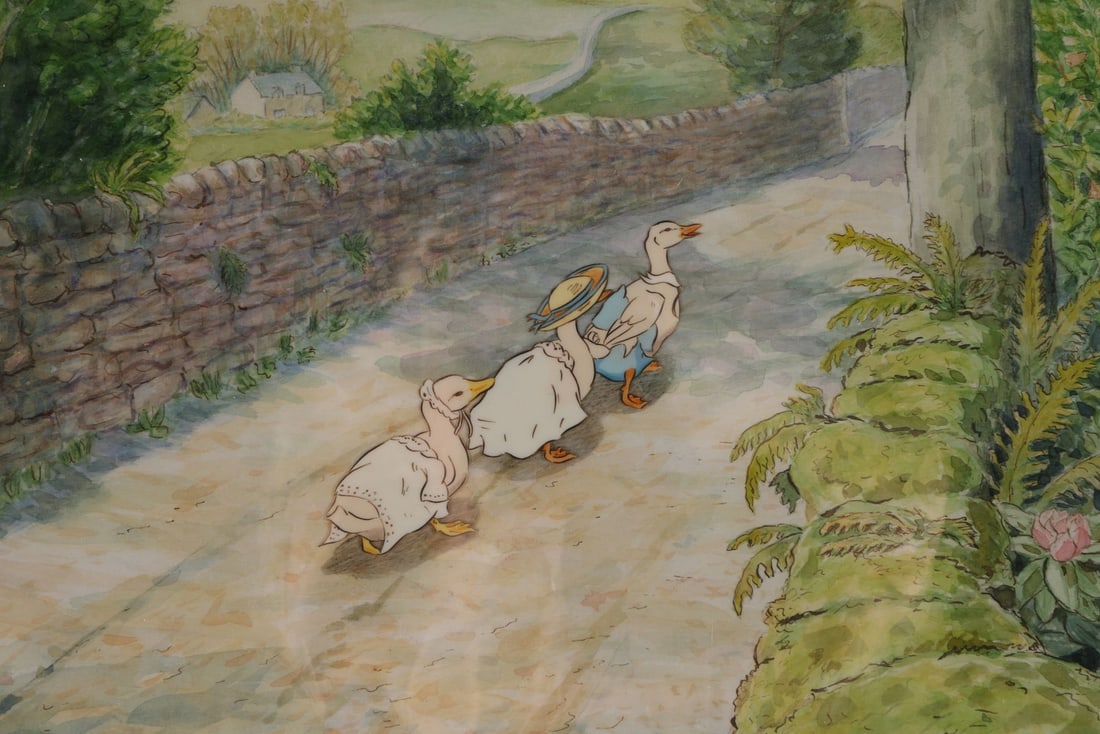 WORLD OF PETER RABBIT AND FRIENDS, THE (1992) - Jemima Puddle-Duck, Rebeccah Puddle-Duck, and Mr.: WORLD OF PETER RABBIT AND FRIENDS, THE (1992) - Jemima Puddle-Duck, Rebeccah Puddle-Duck, and Mr. Drake Puddle-Duck Original Production Cels on Key Master Production Background from "The Tale of Tom K