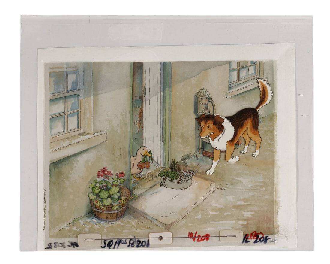 WORLD OF PETER RABBIT AND FRIENDS, THE (1992) - Jemima Puddleduck and Kep Original Production Cels: WORLD OF PETER RABBIT AND FRIENDS, THE (1992) - Jemima Puddleduck and Kep Original Production Cels on Key Master Production Background from "The Tale of Tom Kitten and Jemima Puddle-Duck" Signed by Ro