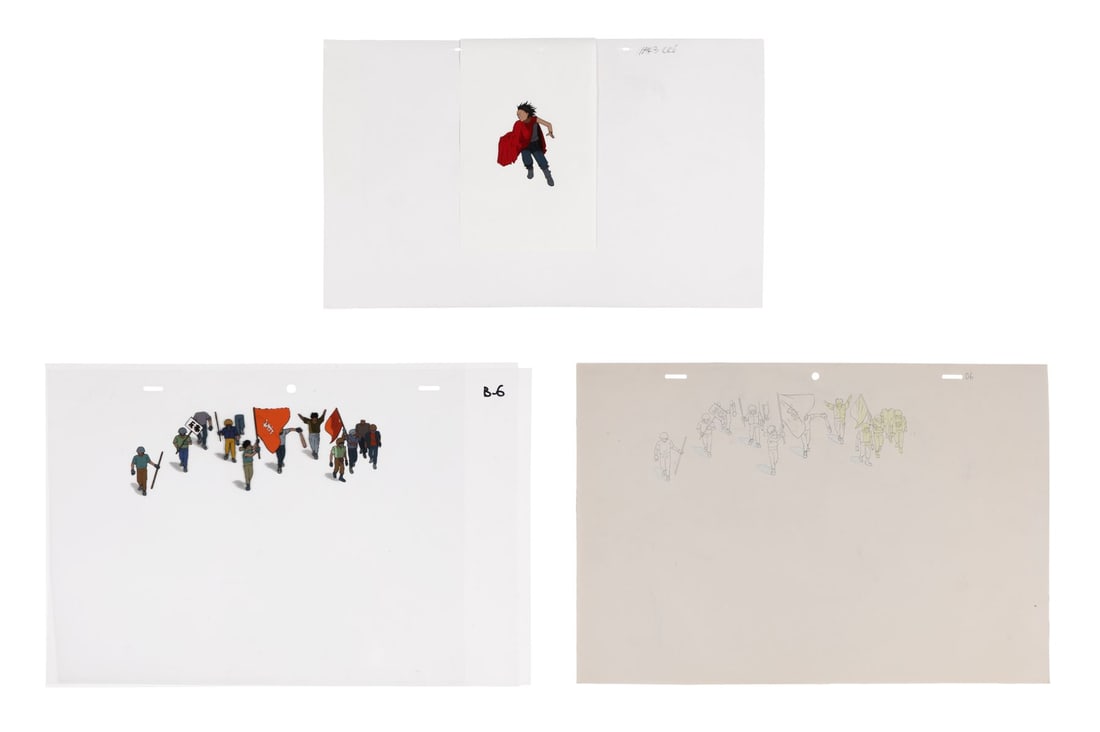 AKIRA (1988) - Tetsuo Shima Original Production Cel, and Crowd Original Production Cel with Matching: AKIRA (1988) - Tetsuo Shima Original Production Cel, and Crowd Original Production Cel with Matching Douga - A striking paired-cel lot from Katsuhiro Otomo's Akira (1988), presenting two pivotal momen