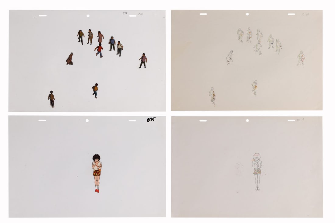AKIRA (1988) - Kaori Original Production Cel and Matching Douga, and Crowd Original Production Cel: AKIRA (1988) - Kaori Original Production Cel and Matching Douga, and Crowd Original Production Cel with Matching Douga - A pair of original production cels and their matching douga from Akira, Katsuhi