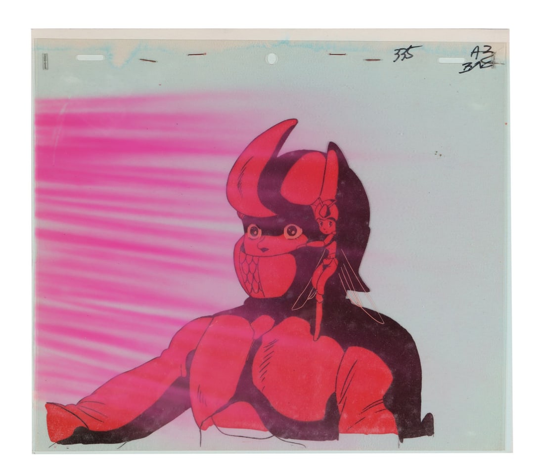 AURA BATTLER DUNBINE (TV SERIES, 1983-1984) - Shion Zaba and Cham Fau Original Production Cel on: AURA BATTLER DUNBINE (TV SERIES, 1983-1984) - Shion Zaba and Cham Fau Original Production Cel on Printed Presentation Background - Aura Battler Dunbine arrived in 1983 as one of Yoshiyuki Tomino's odd