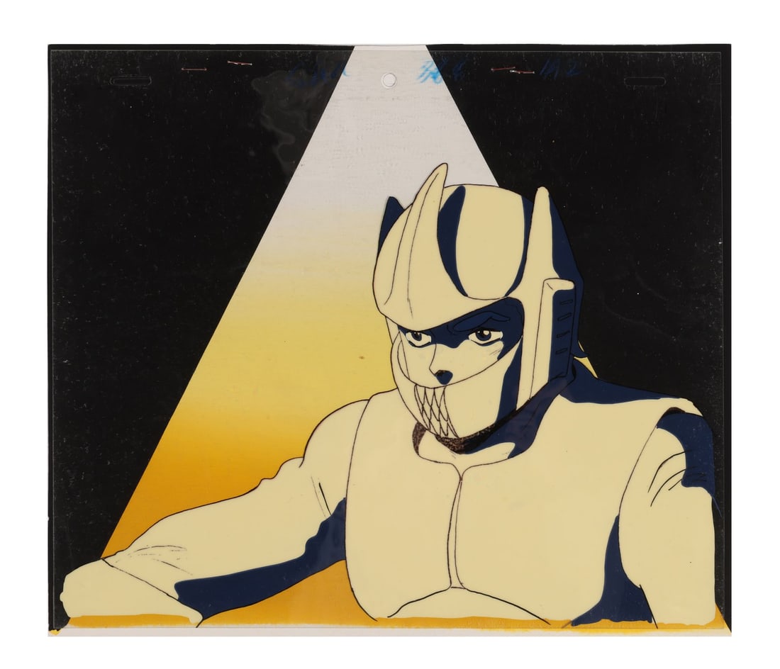 AURA BATTLER DUNBINE (TV SERIES, 1983-1984) - Shion Zaba Original Production Cel on Printed: AURA BATTLER DUNBINE (TV SERIES, 1983-1984) - Shion Zaba Original Production Cel on Printed Presentation Background - The world of Byston Well sat somewhere between sea and land in Yoshiyuki Tomino's 