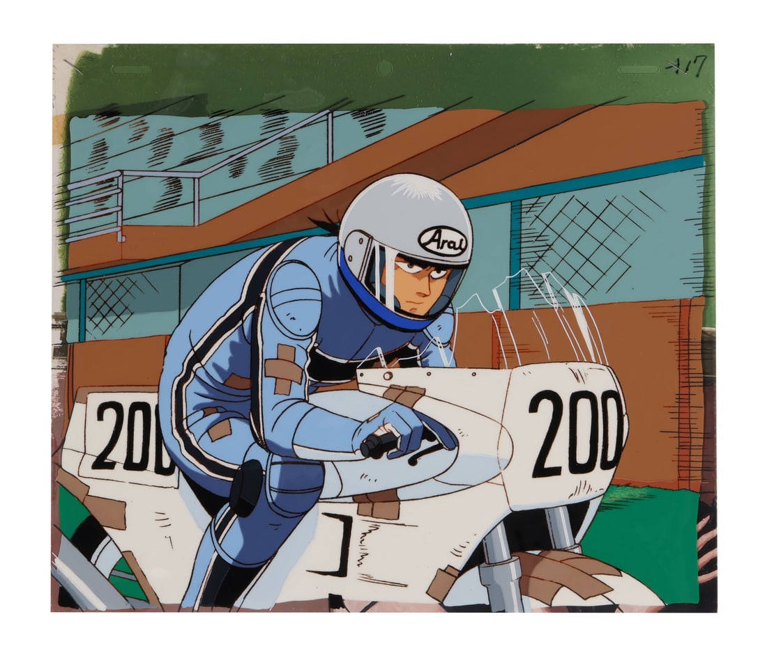 BOMBING CIRCUIT ROMANCE TWIN (1989) - Hyoo Hino Original Production Cel on Hand-Painted Key Master: BOMBING CIRCUIT ROMANCE TWIN (1989) - Hyoo Hino Original Production Cel on Hand-Painted Key Master Production Background - Hyoo Hino is hunched low over his battered motorbike, deep in the closing sta