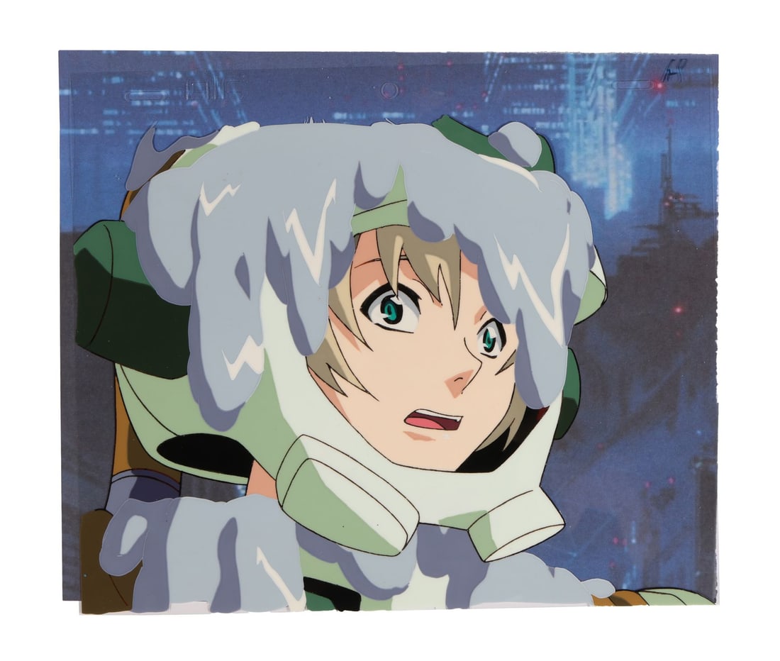 BUBBLEGUM CRISIS TOKYO 2040 (TV SERIES, 1998-1999) - Nene Romanova Original Production Cel from "One: BUBBLEGUM CRISIS TOKYO 2040 (TV SERIES, 1998-1999) - Nene Romanova Original Production Cel from "One of thesE Night" on Printed Presentation Background - Here is Nene Romanova of the Knight Sabers, mi