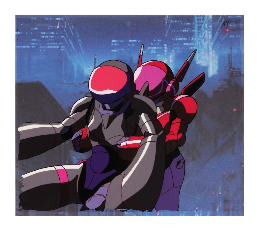 BUBBLEGUM CRISIS TOKYO 2040 (TV SERIES, 1998-1999) - Nene Romanova Original Production Cel on: BUBBLEGUM CRISIS TOKYO 2040 (TV SERIES, 1998-1999) - Nene Romanova Original Production Cel on Presentation Background - Nene Romanova, the Knight Sabers' signals expert and youngest member, caught her