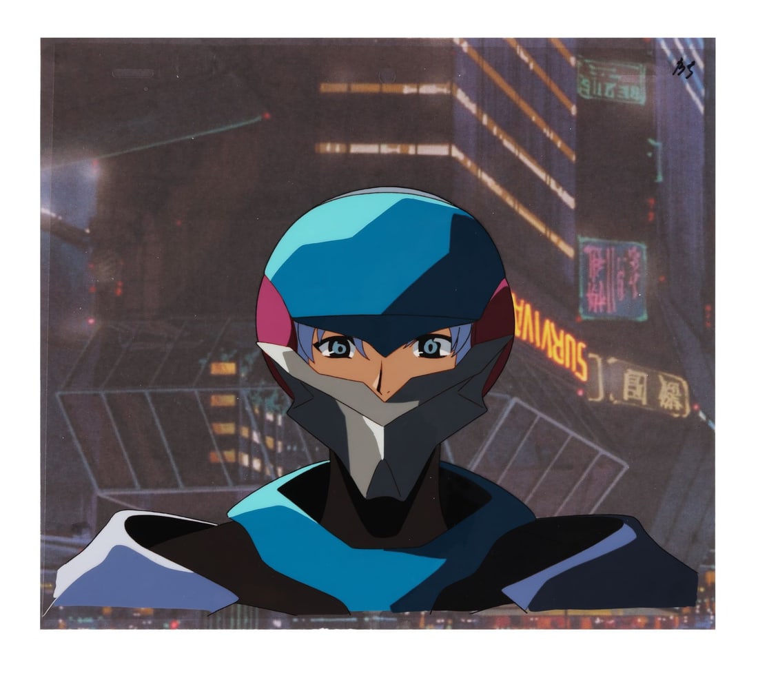 BUBBLEGUM CRISIS TOKYO 2040 (TV SERIES, 1998-1999) - Sylia Stingray Original Production Cel from: BUBBLEGUM CRISIS TOKYO 2040 (TV SERIES, 1998-1999) - Sylia Stingray Original Production Cel from "Physical Graffiti" on Printed Presentation Background - Sylia Stingray leads the Knight Sabers, and he