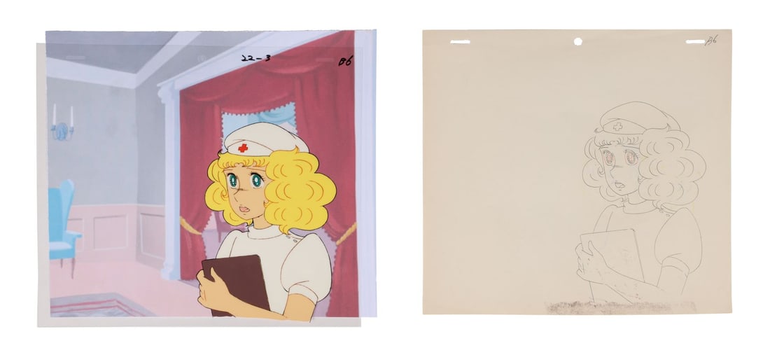CANDY CANDY (TV SERIES, 1976-1979) - Candy Original Production Cel with Matching Douga on Printed: CANDY CANDY (TV SERIES, 1976-1979) - Candy Original Production Cel with Matching Douga on Printed Presentation Background - Candy, in her nurse's uniform, clipboard in hand, with an expression of mild