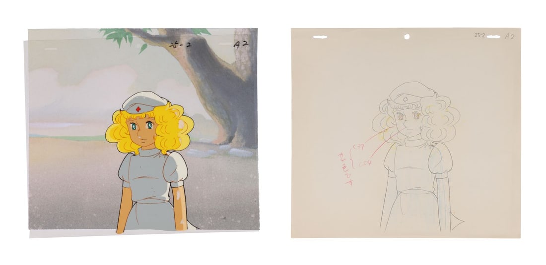 CANDY CANDY (TV SERIES, 1976-1979) - Candy Original Production Cel with Matching Douga on Printed: CANDY CANDY (TV SERIES, 1976-1979) - Candy Original Production Cel with Matching Douga on Printed Presentation Background - Candy, the cheerful, indomitable orphan at the heart of Toei Animation's 115