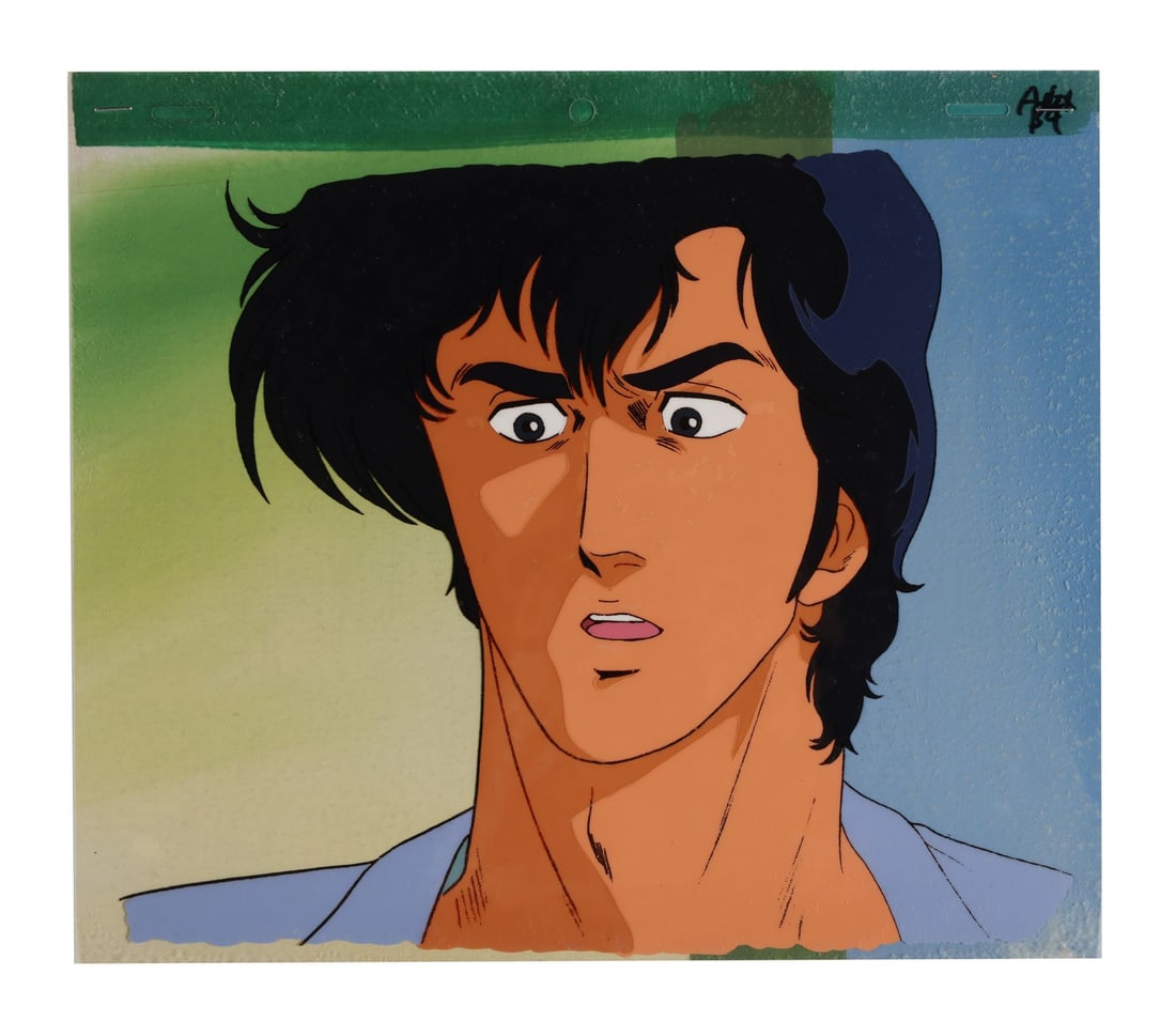 CITY HUNTER (TV SERIES, 1987-1991) - Ryo Saeba Original Production Cel on Hand Painted Production: CITY HUNTER (TV SERIES, 1987-1991) - Ryo Saeba Original Production Cel on Hand Painted Production Background - Ryo Saeba is one of those anime protagonists who lodged himself permanently in the late-e