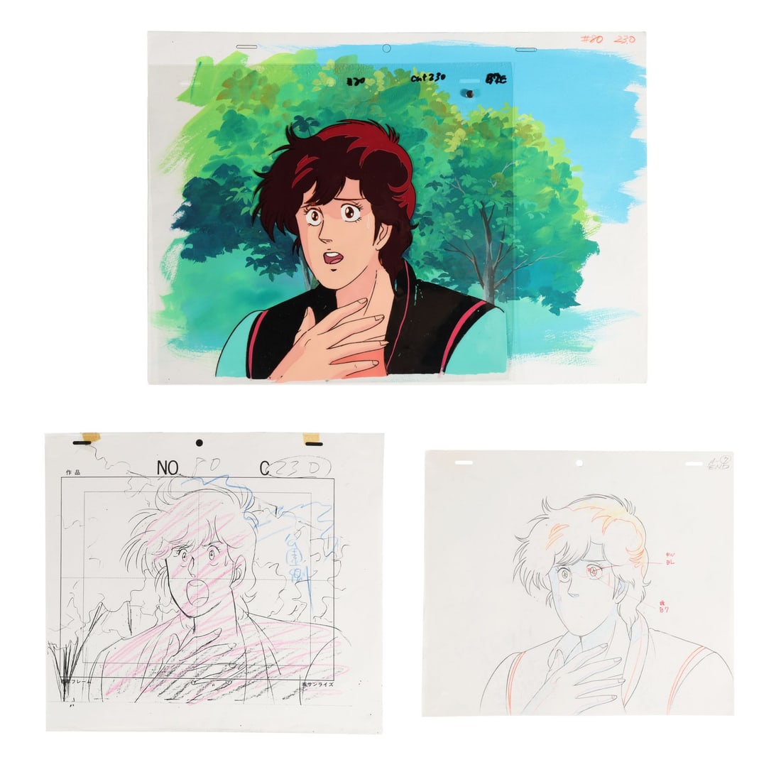 CITY HUNTER (TV SERIES, 1987-1991) - Kaori Makimura Original Production Cel, Matching Douga, Layout: CITY HUNTER (TV SERIES, 1987-1991) - Kaori Makimura Original Production Cel, Matching Douga, Layout copy on Hand-Painted Key Master Background from "Wounded Innocence: A Bullet and an Angel's Prayer" 