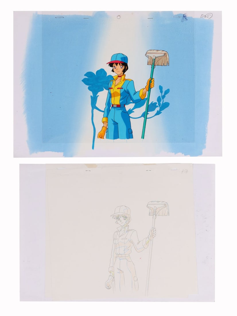 CUTIE HONEY FLASH (TV SERIES, 1997-1998) - Honey Kisaragi Original Production Cel with Matching: CUTIE HONEY FLASH (TV SERIES, 1997-1998) - Honey Kisaragi Original Production Cel with Matching Douga on Printed Presentation Background - Honey Kisaragi turns up here as a janitor, mop in hand, which